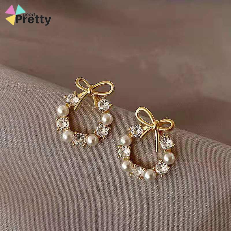 Anting titanium Fashion Korea Berlian anting Mutiara Sepasang Garland anting emas Aksesoris