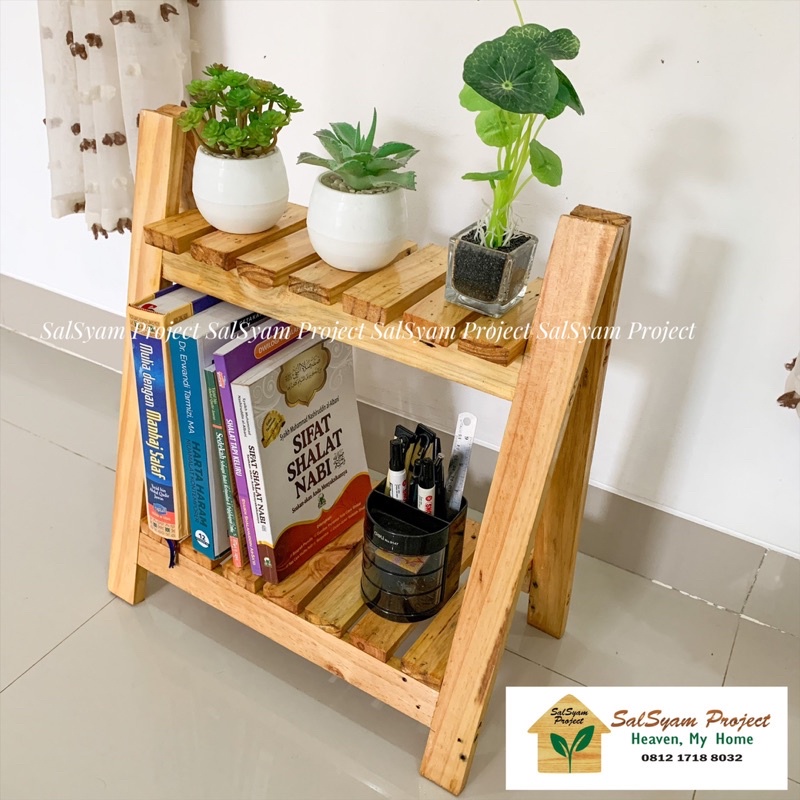 Rak Buku ATK Segitiga Mininalis kayu jati belanda / Rak Bunga Kaktus Sukulen Murah