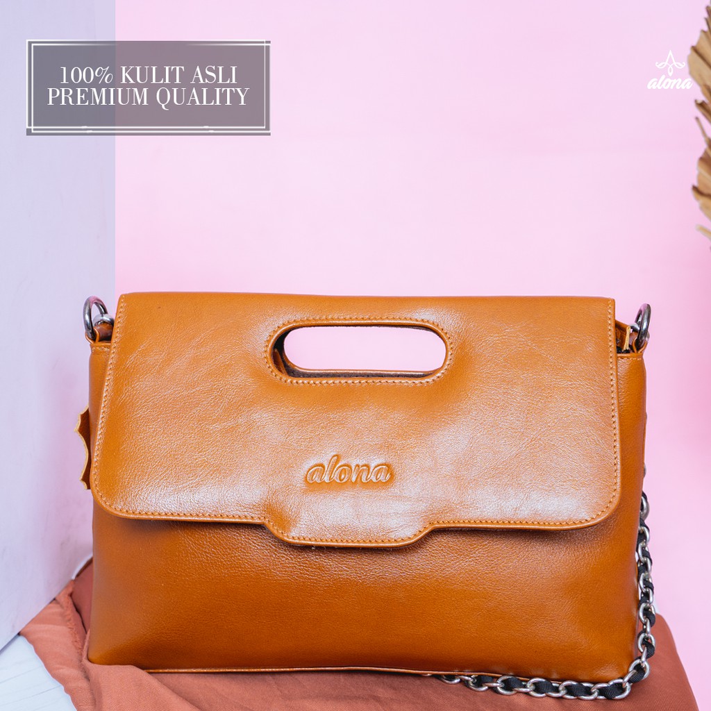 Tas Wanita Branded Model Selempang Slempang Bahu Bahan 100% Kulit Sapi Asli Original Alona Melinda Leather Sling Bag