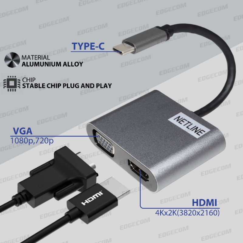 USB 3.1 TYPE C TO VGA &amp; HDMI 4K ADAPTER 2 IN 1 NETLINE