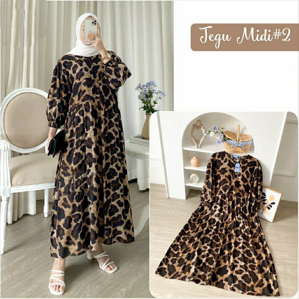 JEGU MIDI DRESS / MIDI DRESS KATUN RAYON / MIDI DRESS MOTIF LEOPARD  / MIDI DRESS JUMBO BUSUI /  DRE