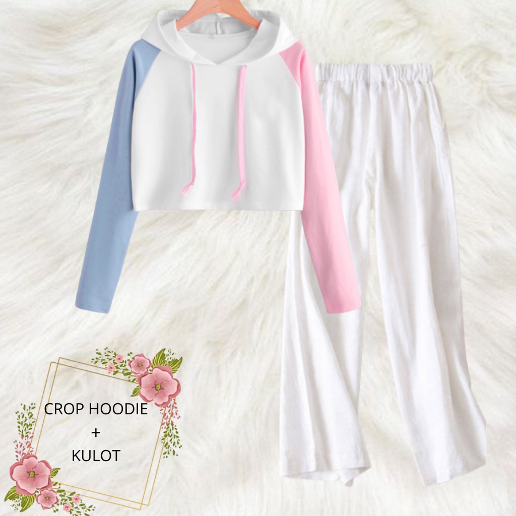 JBF Setelan Crop Hoodie Kombinasi Warna Dan Celana Kulot Remeja / ABG Style Kekinian Baju Korean Style