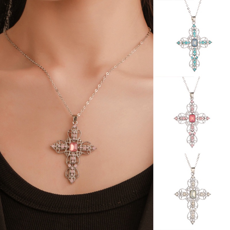 925 Sterling Silver Cross Pendant Inlaid Blue Crystal Diamond Necklace Women Jewelry Bride Wedding Accessories