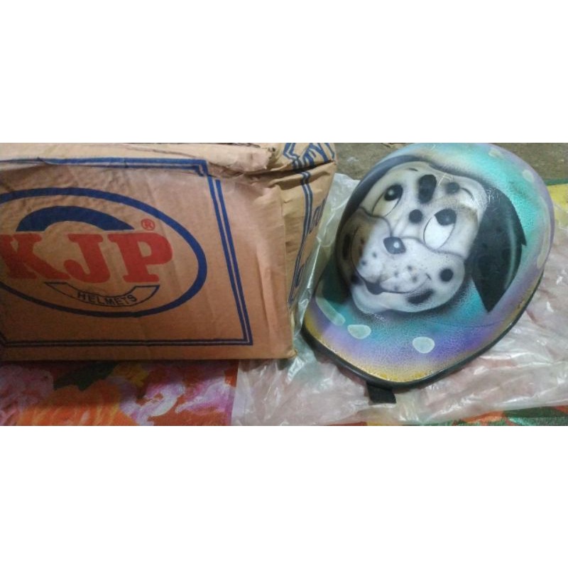 helm helmet klasik vintage retro jadul Old school model gayung ciduk merk Kjp grafis biru ungu gamba