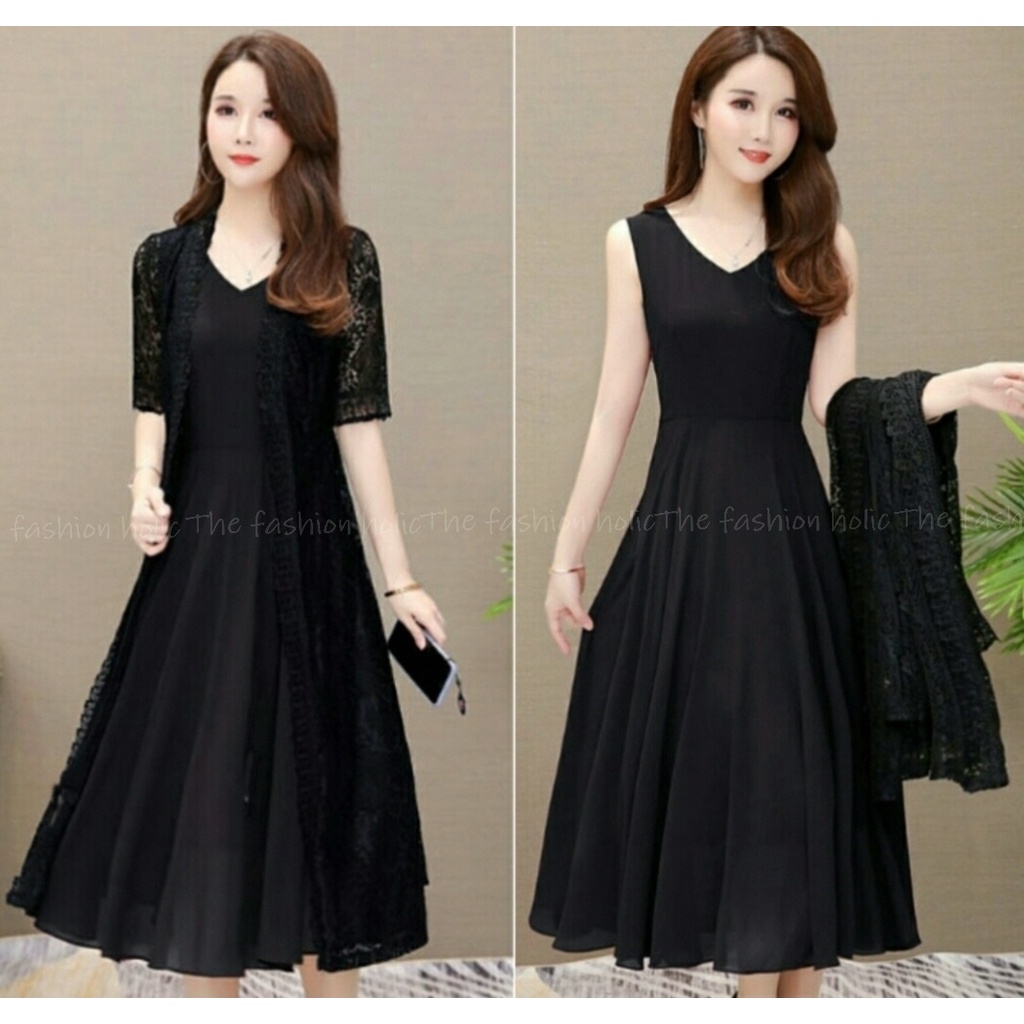 *[VLFK] Stelan Lovita / One Set Panjang Wanita / Setelan Dres dan Longcardi Wanita / Setelan 2in1 Korea