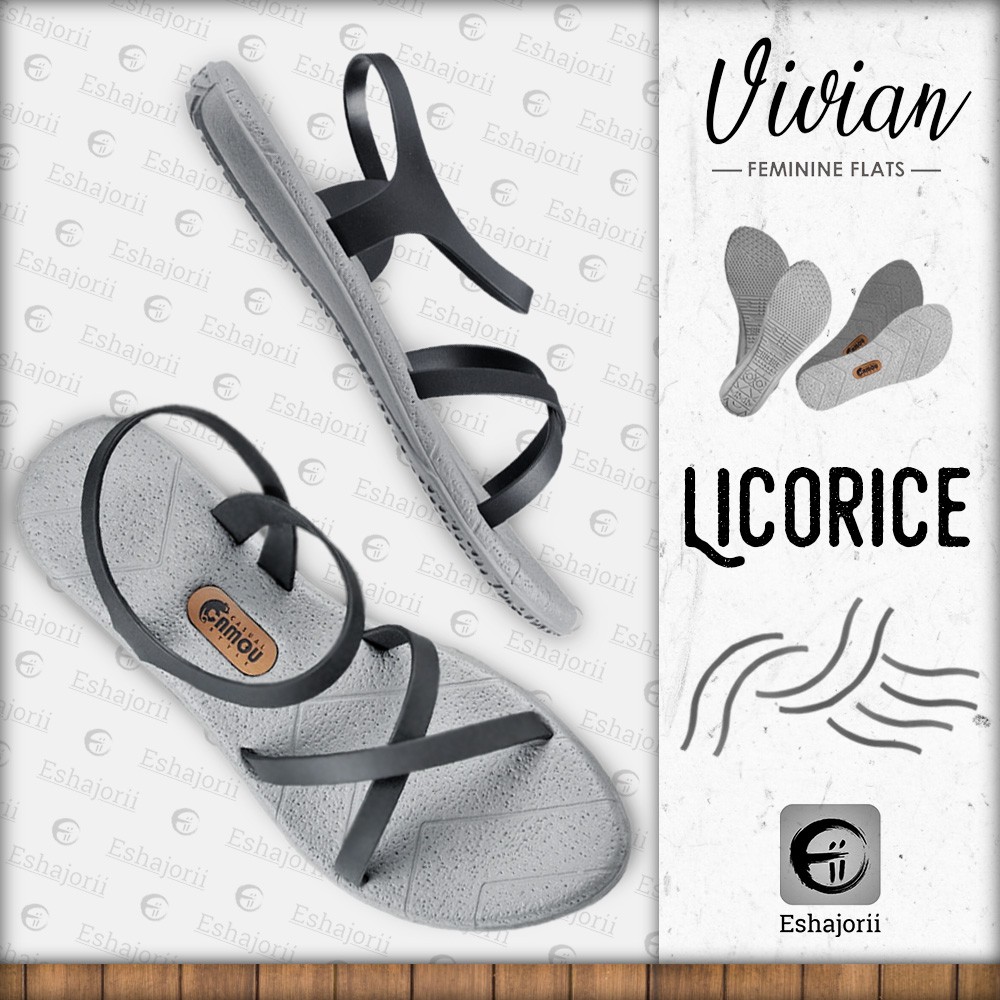 CAMOU - Vivian Licorice - Sandal Flats Perempuan Kasual Abu Hitam