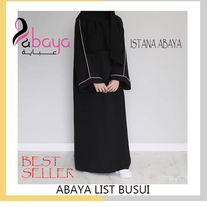 Promo abaya turki kekinian gamis list putih elegan cantiik. bahan jet black lembut