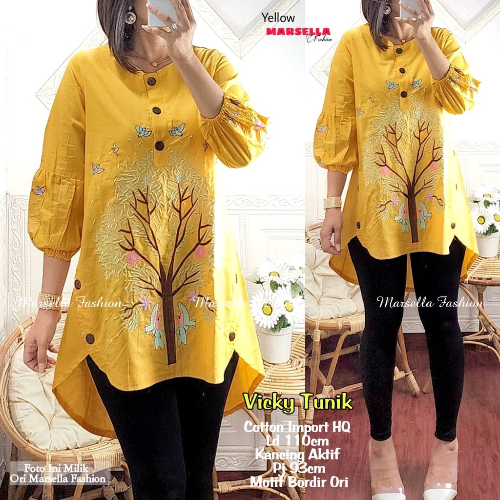 vicky tunik wanita motif bunga kekinian 2022. Atasan muslimah mewah elegan by marsella