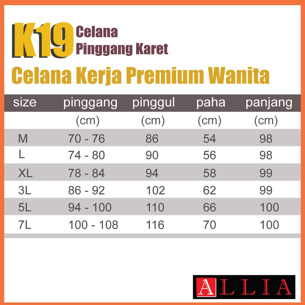 ALLIA K19 M - 7L - Celana Kerja Wanita - Celana Pinggang karet wanita - celana kantor wanita