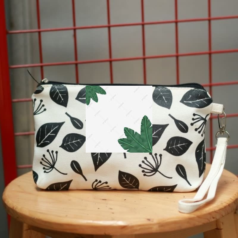 Murah Dompet Pouch Wanita Kanvas Botanical Pattern - Putih Keren