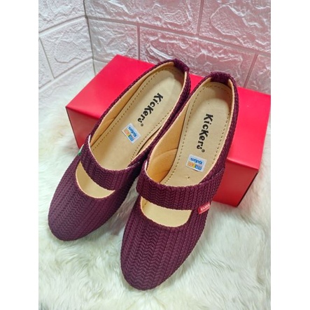 Sepatu Selop Wanita Bahan Rajut Warna Maroon