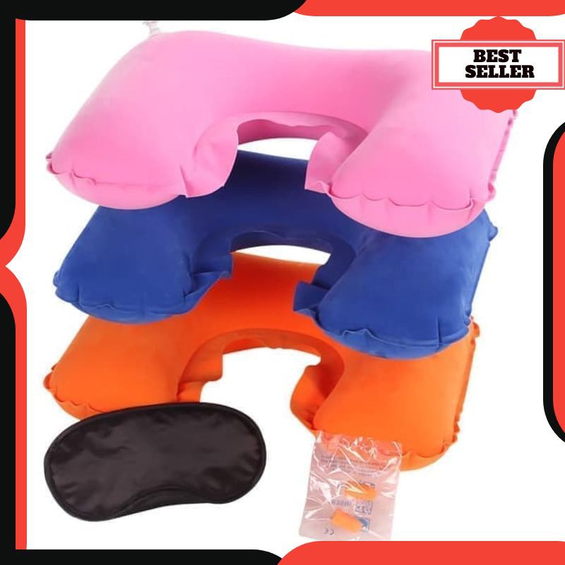 D025 Bantal Leher / Bantal Tiup Angin travelling pillow set 3 in 1 Grosir