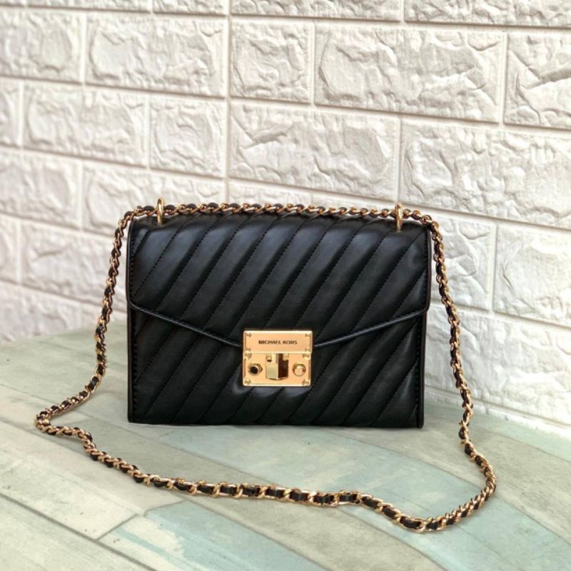 MK Rose Medium Flap Shoulder Leather Quilt Black GHW