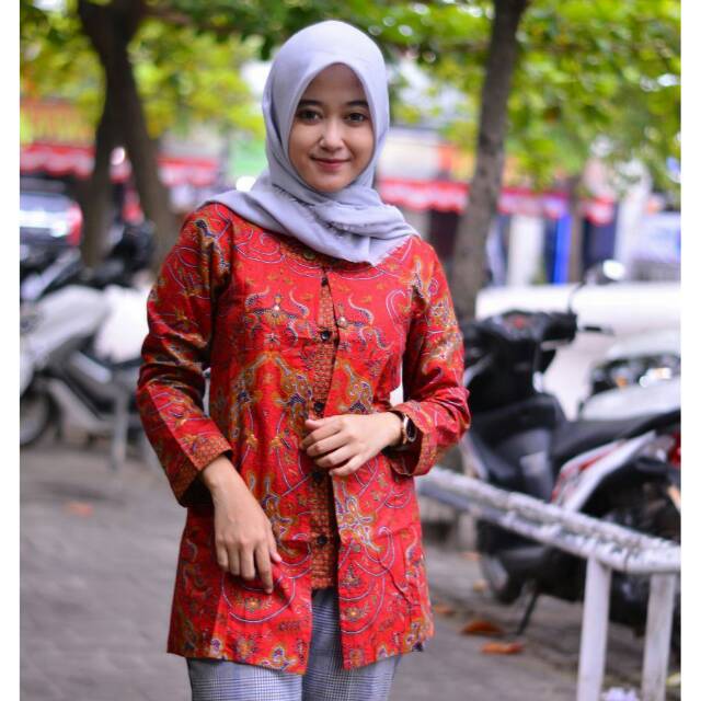 BLOUSE BATIK LENGAN PANJANG MOTIF NAGA MERAH BATIK PEKALONGAN BATIK NATAL BATIK CINA IMLEK 135866886