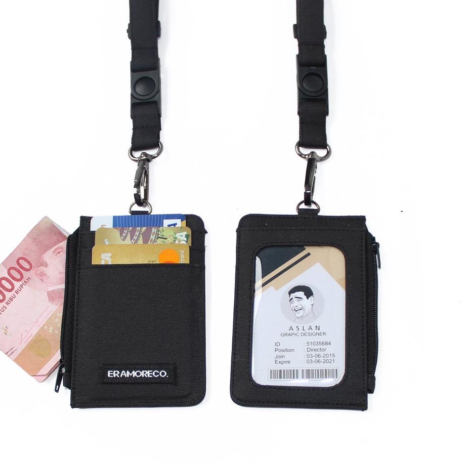 

♦ EMID111 name tag gantungan dompet ID card holder tali lanyard zipper kartu hitam ほ