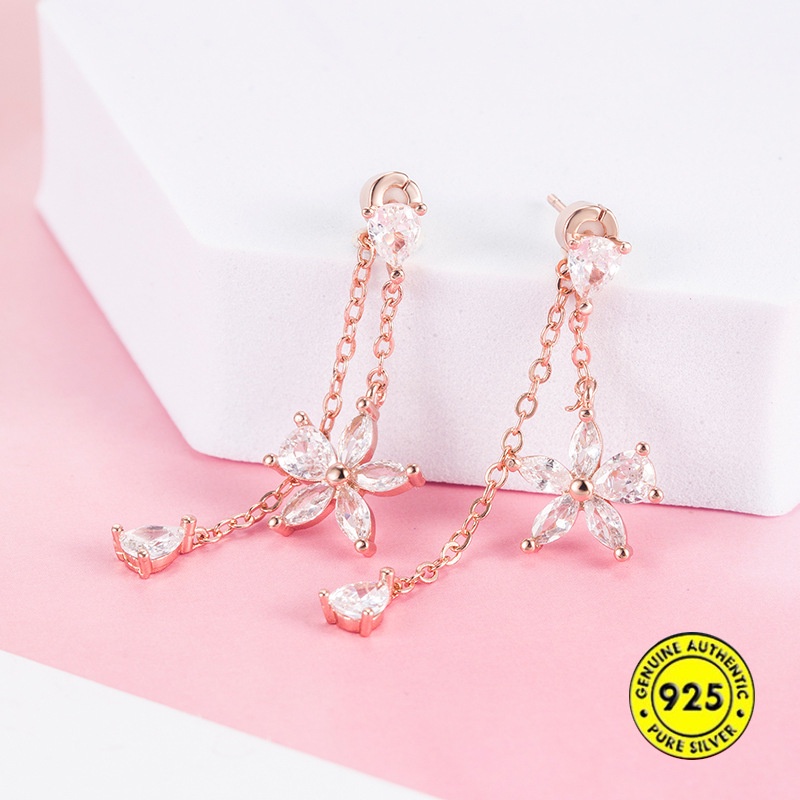 Anting Tusuk Sterling Silver 925 Desain Bunga Mawar Hias Berlian Imitasi Untuk Wanita