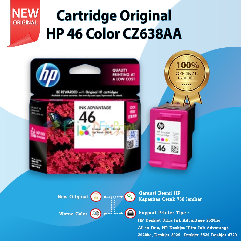 Cartridge HP 46 Tri-Color CZ638AA Refill Tinta Printer Deskjet Ink Advantage 2020hc 2029 2520hc 4729