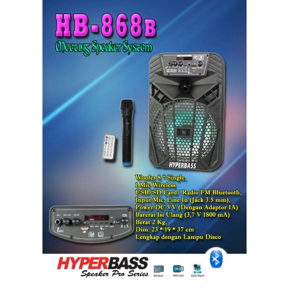 Speaker Meeting 8 inch Bonus Mic Wireless Hyperbass HB868B