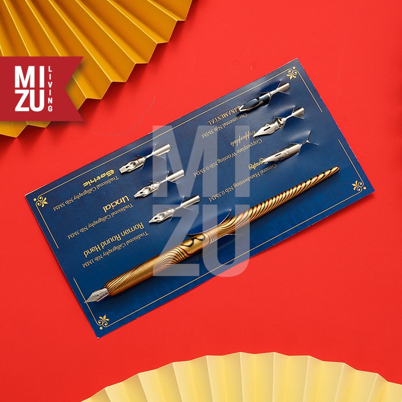 MIZU COPPERPLATE Calligraphy Set Kaligrafi 1 Dip Pen Holder 7 Steel Nibs-ST Gold Marble