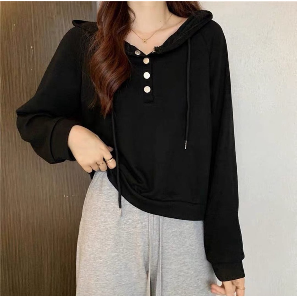 GAMMA BUTTON Hoodie Sweater Wanita Korean | Sweater Kancing Polos Wanita Fashion Korean Style Oversize