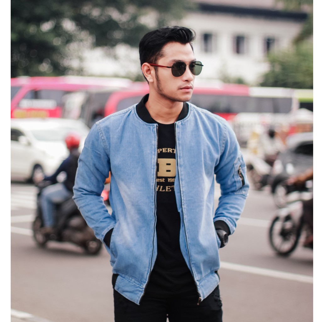 JAKET JEANS BOMBER POLOS PRIA / JAKET JEANS BOMBER TERLARIS