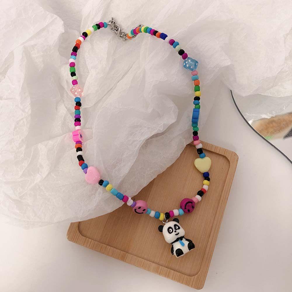 Needway Korea Liontin Kalung Untuk Perempuan Vintage Permen Warna Temperamen Manik-Manik Rantai Panda Senyum Wajah Kalung