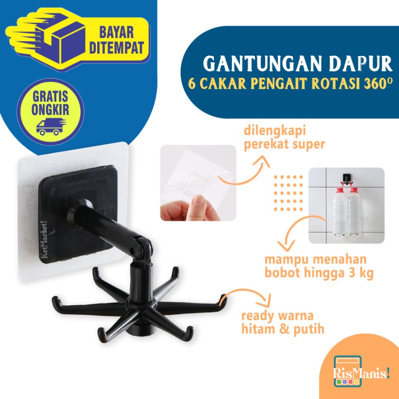 ROTATABLE KITCHEN HOOKS - Gantungan Dapur Tempel Rotasi 6 Pengait Unik Alat Masak Perlengkapan Dapur