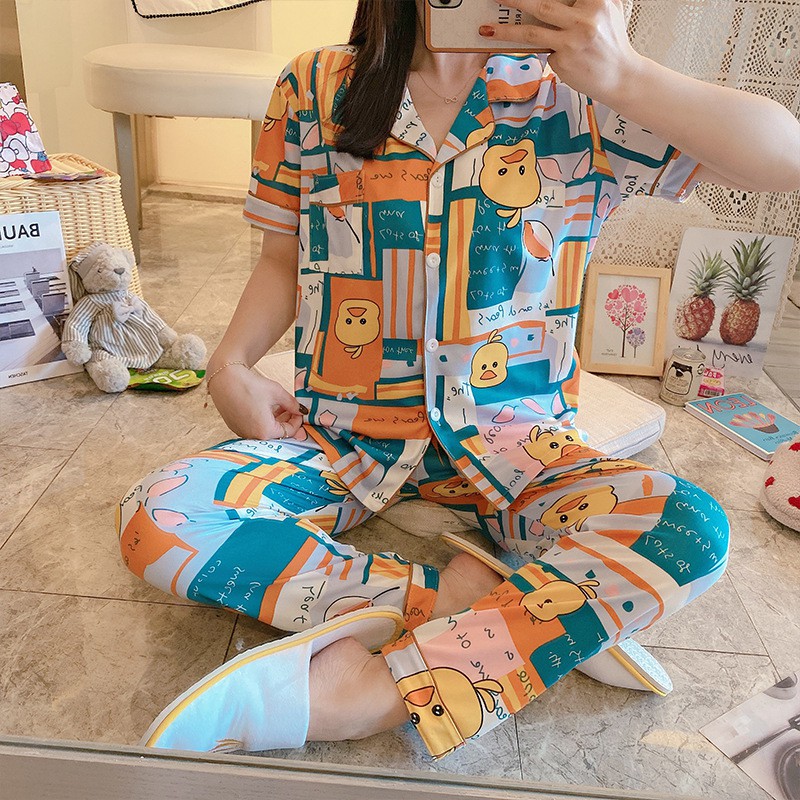 BAJU TIDUR PIYAMA SET KEMEJA CP LENGAN PENDEK CELANA PANJANG IMPORT PREMIUM BANYAK MOTIF 3-BebekKotakBiru