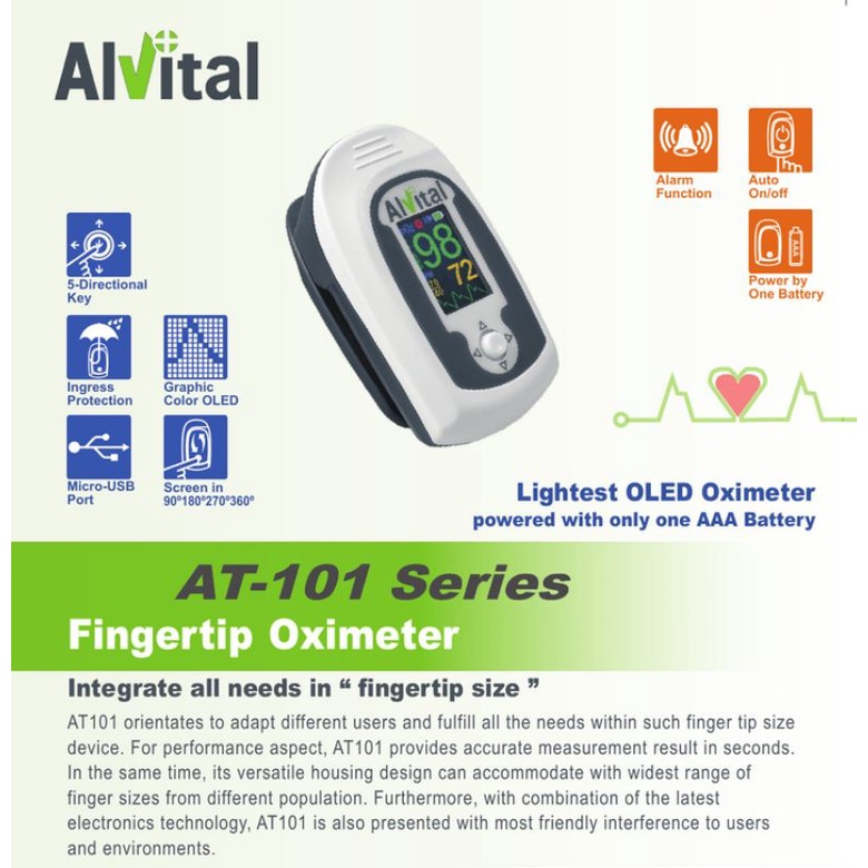 Pulse Oximeter Original Alvital AT101 Series With Alarm Pengukur Kadar Oksigen Dalam Darah