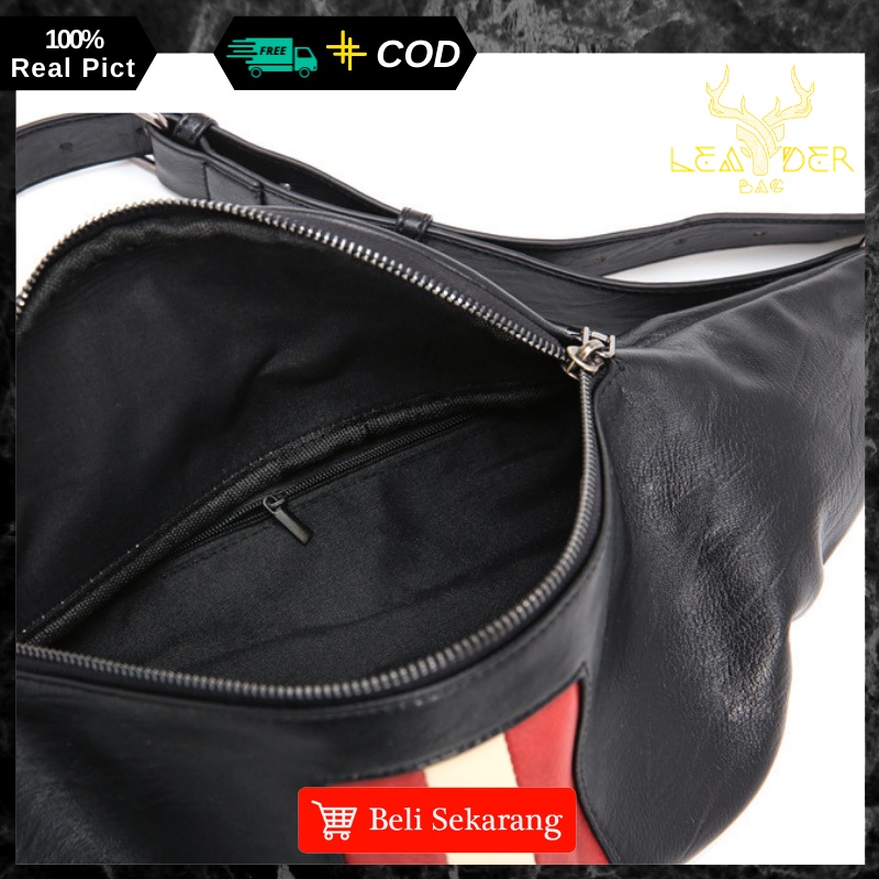 Tas Selempang Kulit Pria Distro Terbaru 2021 Warna Hitam Original Waistbag Kulit Cowok Ori Keren Anti Air Tas Pinggang Kecil Kulit Pria Impor Murah REDLINE