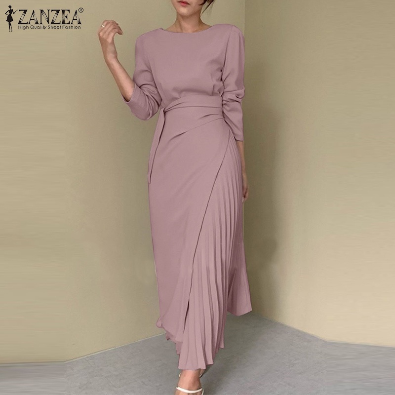 ZANZEA Ladies Fashion Women Dress Plain Slim Elegant Pleated Office Long Dresses