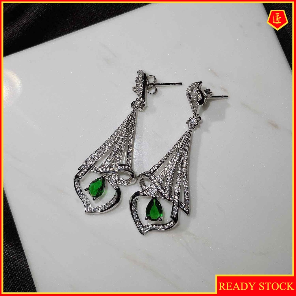 [Ready Stock]Luxury Natural Emerald Full Diamond Skirt Earrings