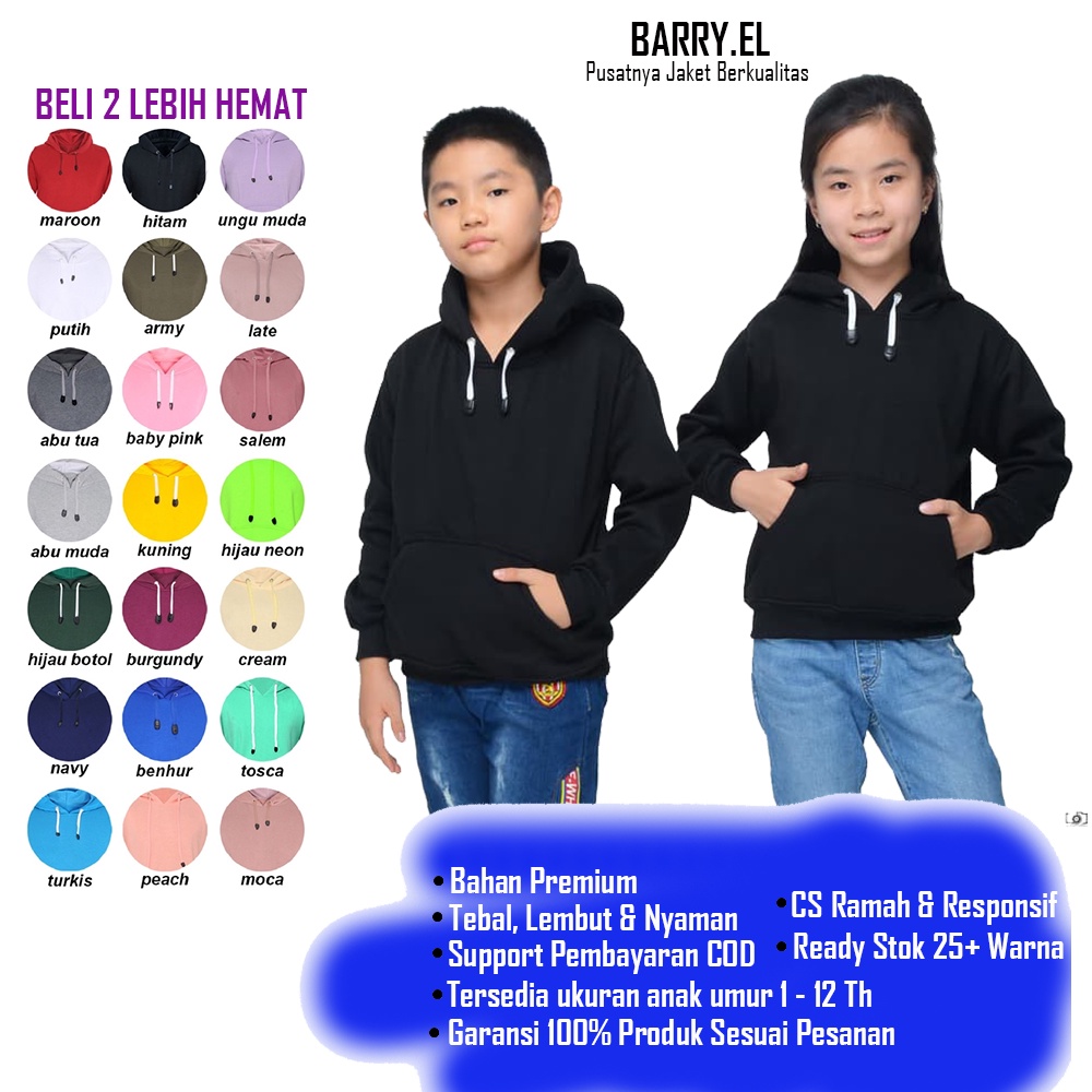 Hoodie Jaket Sweter Jemper Anak Kecil Laki Laki Perempuan Wanita Polos Unisex Branded Lengan Panjang