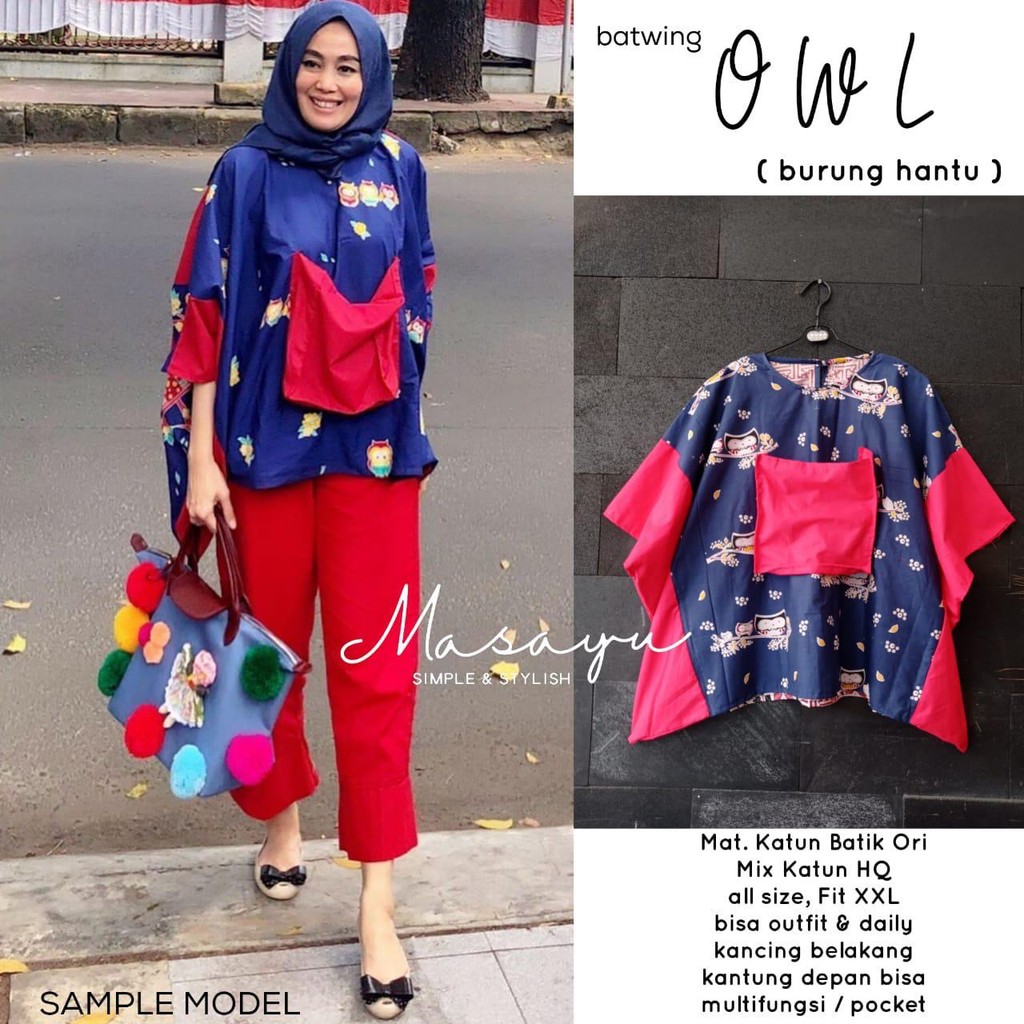 [PREMIUM] Batwing Owl Batik Blouse Atasan Blus Modern Kerja Kantor Muslim Lowo Kerja Kantor