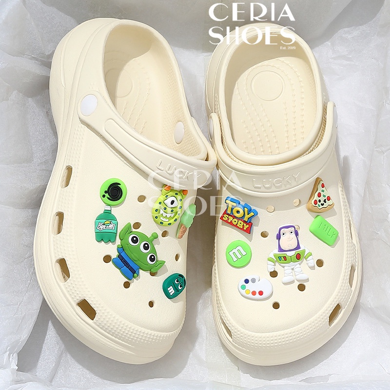 EVA Sandal Slop Wanita 5 Cm include Jibbitz Accesoris Toy StoryBahan Karet Spons EVA Import Korean Super Empuk Ringan Elastis Tebal 5 Cm Jibbitz Ballons Non-Slip Sole Summer Sandals