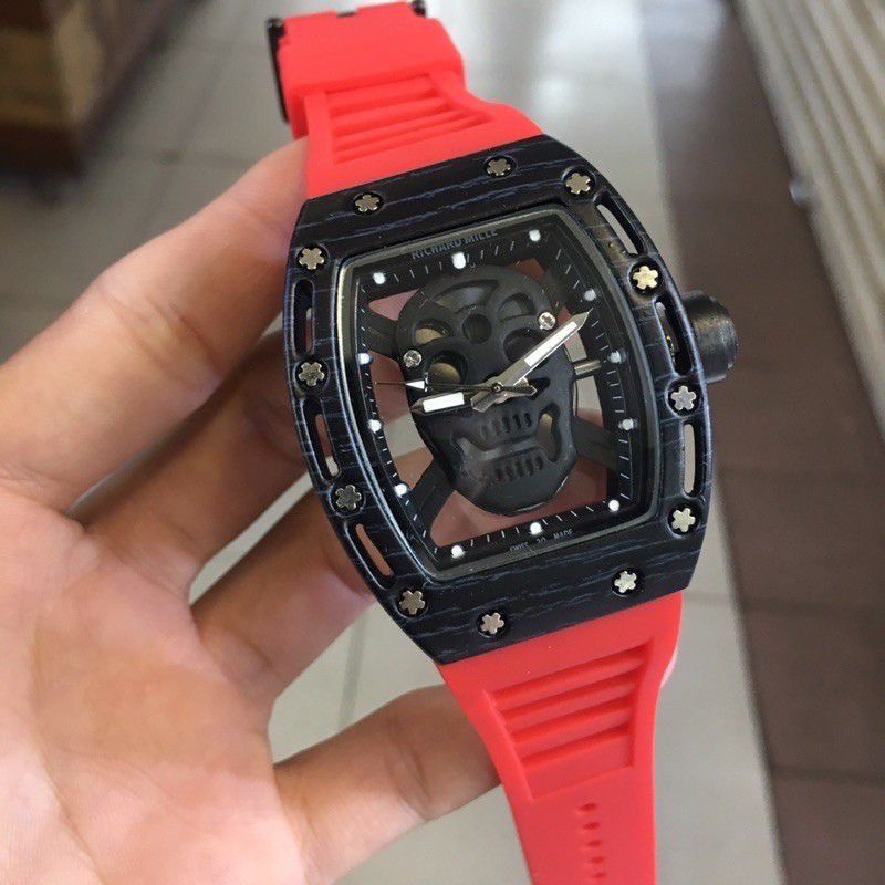 Jam Tangan Pria Richard Mile RM 9233 Segi Tengkorak Strap Rubber - Free Box Batre Cadangan Original