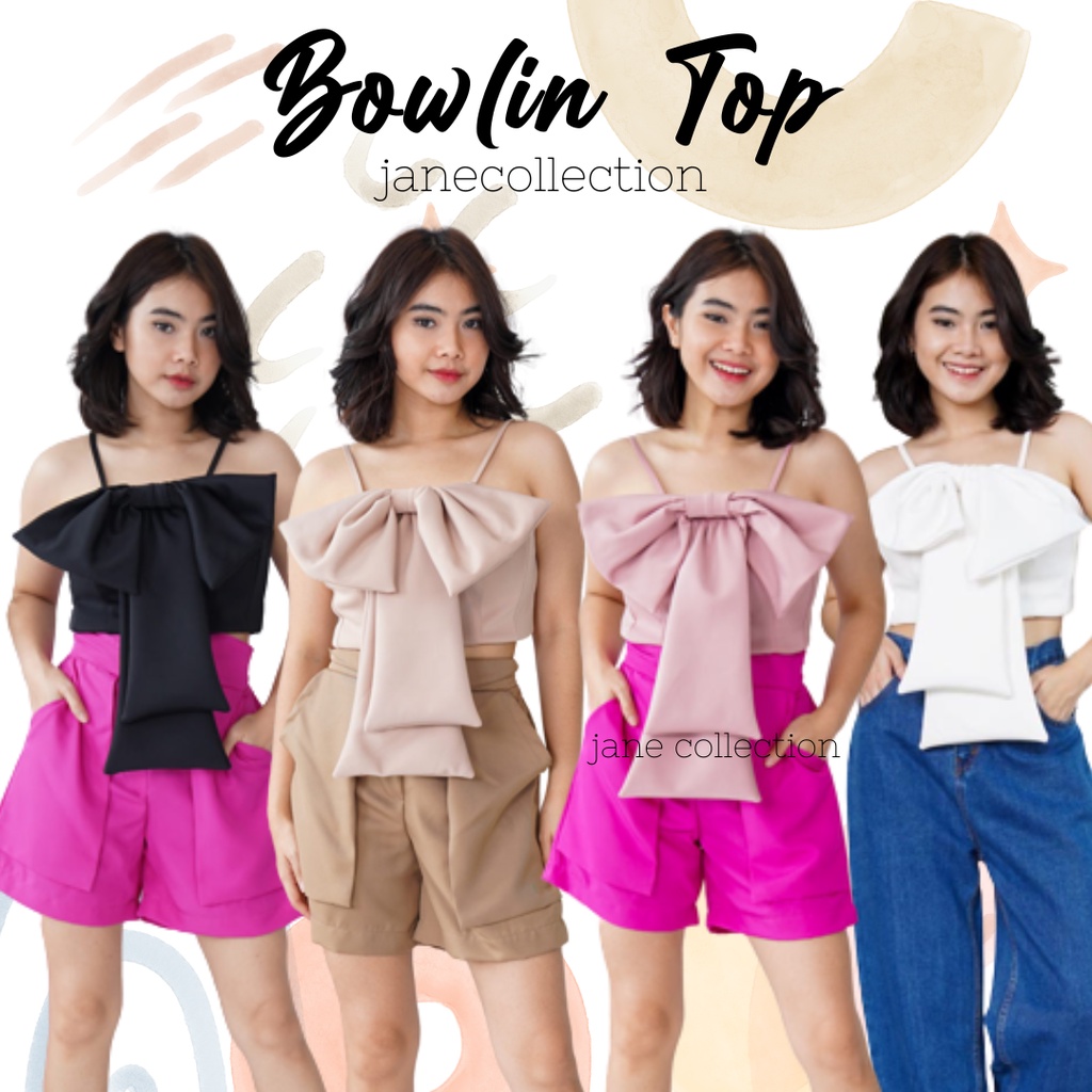 JANE COLLECTION || Atasan Wanita Tank Top Big Bow Top Tali Spaghetti Prime Scuba OOTD Korea Kekinian Crop Top Blouse Kancing Bowlin Top