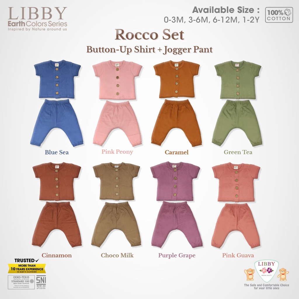 Libby Earth Series Rocco set Button Shirt Jogger Pants Setelan Oblong Pendek Kancing Depan Celana Jogger Baju Bayi Piyama Anak Unisex