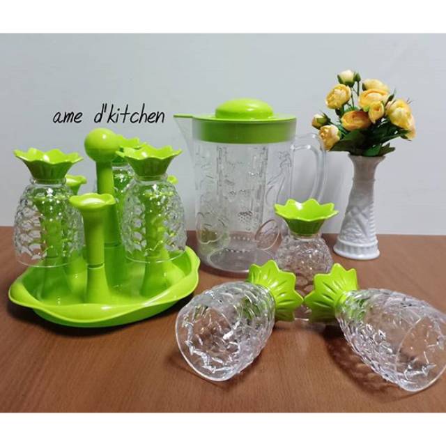 Kan air besar timbul bening saringan + 6 pcs gelas ikan + rak gelas hijau golden sunkist