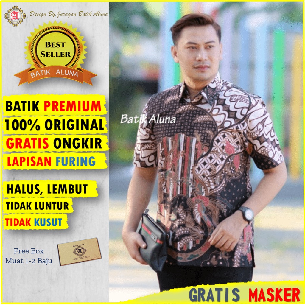 Batik Premium Alisan Prabu Pria Lengan Pendek Modern Asli Kemeja Batik lengan pendek jumbo Aluna