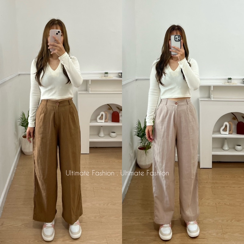 Kulot Linen Crinkle 897 - Celana Kulot Kancing Wanita - Trouser Pants Reina Kekinian Terbaru