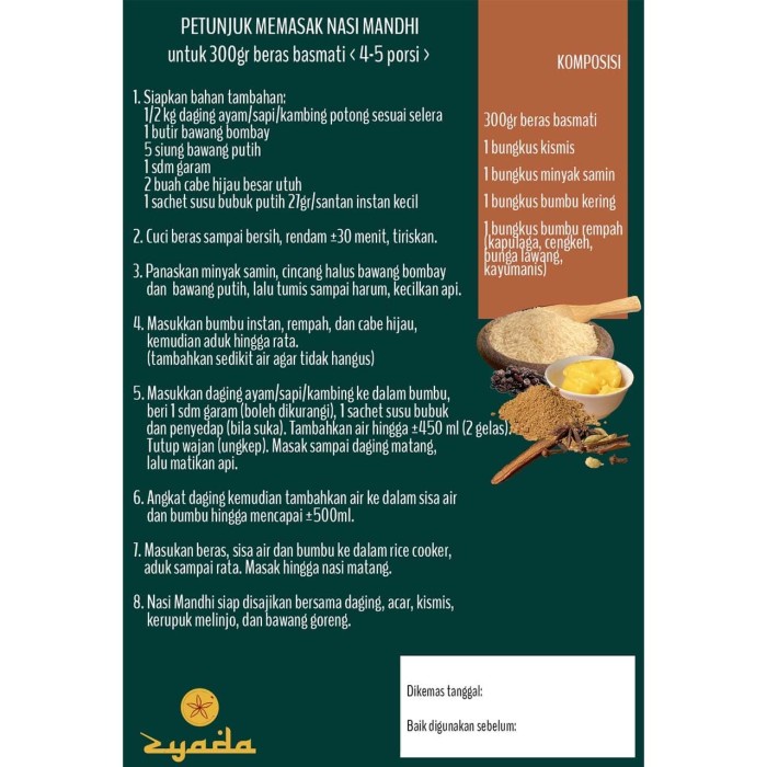 

gr011ttr Nasi Mandhi Zyada Beras Bumbu Minyak Samin 400Gr (4-5 Porsi) Sv012Ss