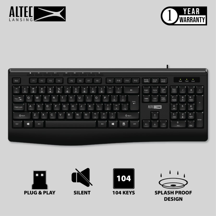 Keyboard altec lansing usb wired membrane 104 keys full size multimedia for office gaming pc laptop cpu albk6220 albk-6220