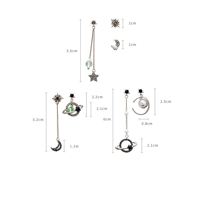 LRC Anting Tusuk Fashion (three Sets) 925 Silver Studded Diamond Star Moon Planet Asymmetrical F8130