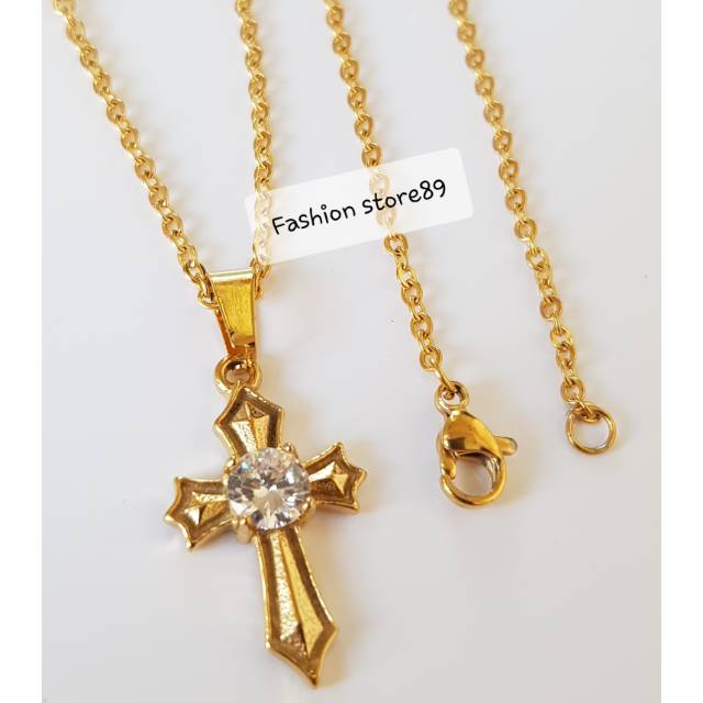 Kalung fashion import salib permata /kalung fashion Rohani antikarat Titanium Gold KS026