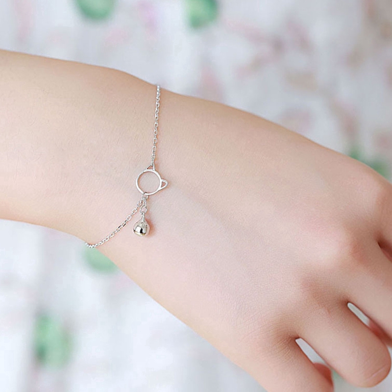 Kucing Lonceng Gelang Hollow Cat Bell Pendant Bracelet Lovely Fashion Silver Short Chain Girl