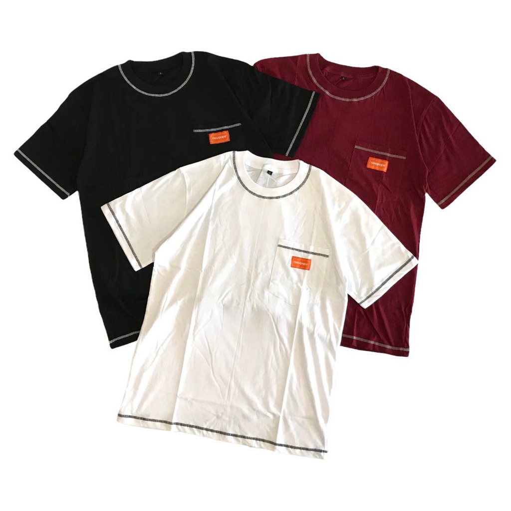 NOWPAPS.CO T-shirt kaos BASIC POCKET CONTRAST STITCH COTTON Combed 30s.BLACK/MAROON/WHITE.KAOS POLOS OVERSIZED.KAOS KANTONG