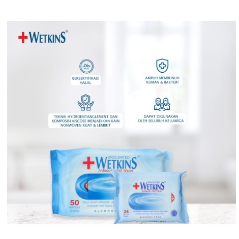 TISSUE BASAH WETKINS ANTISEPTIC ISI 10, 24, DAN 50 SHEET || WET WIPES [SWEETSPACE]