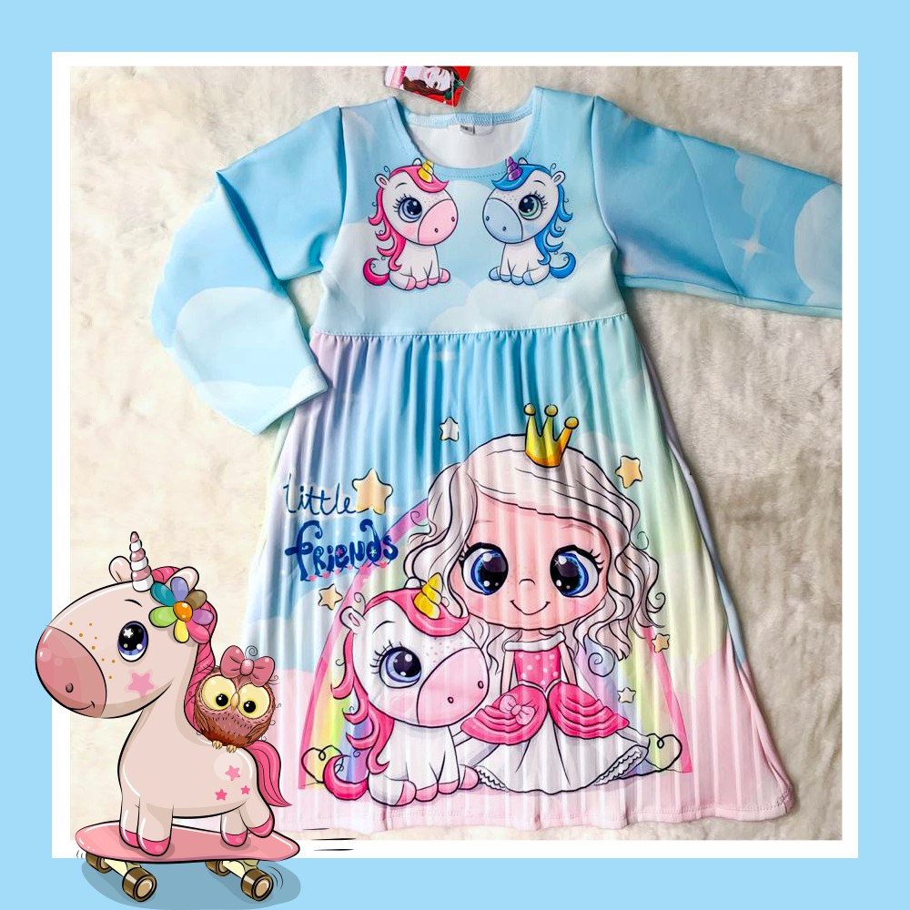 DRESS / GAMIS PLISKET ANAK BAHAN SCUBA PREMIUM IMPORT / MOTIF PRINTED KARAKTER / FULL PRINT UNICORN