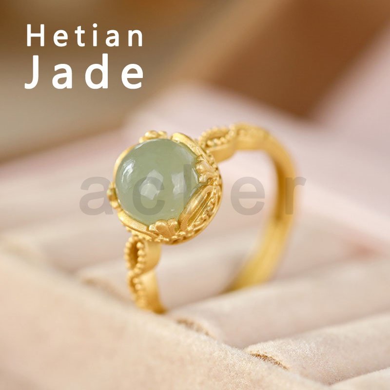 Cincin Giok Hetian Natural Bentuk Bulat Warna Emas Untuk Wanita